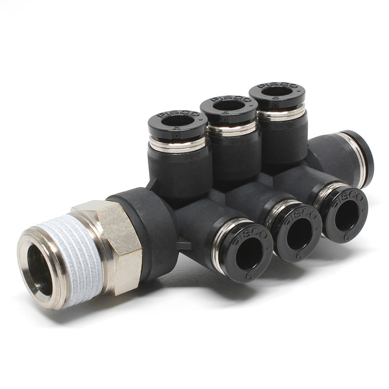 Đầu Nối Nhanh Khí Nén Dạng Chữ T Sáu Nhánh Ren Ngoài Pisco PKVD8-6-03W