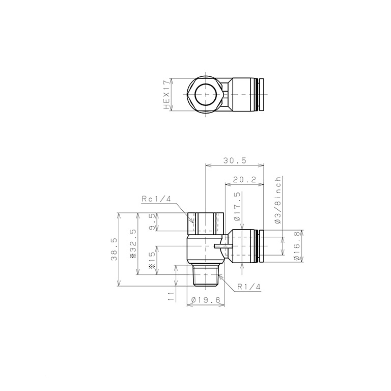 Bản vẽ kỹ thuật Đầu Nối Nhanh Khí Nén Cong 90° Đầu Lục Giác Trụ Ren Đực Cái Pisco PHF3/8-02