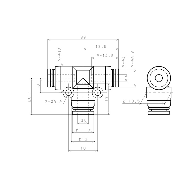 Bản vẽ kỹ thuật Đầu Nối Nhanh Khí Nén Chữ T Dạng Nối Giảm Pisco PEG4-6W