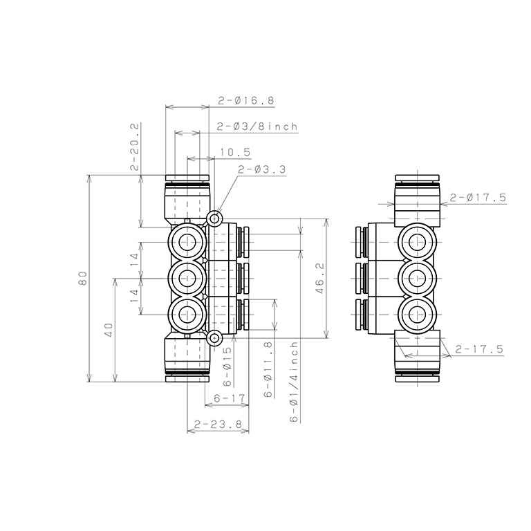 Bản vẽ kỹ thuật Đầu Nối Nhanh Khí Nén Chữ T 8 Ngã Dạng Nối Giảm Pisco PKVG3/8-1/4