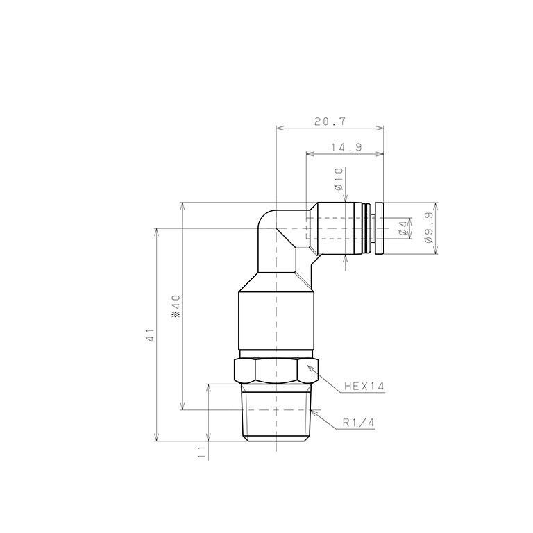 Bản vẽ kỹ thuật Đầu Nối Nhanh Khí Nén Dạng Cong 90° Ren Ngoài (Dài) Pisco PLL4-02W-C