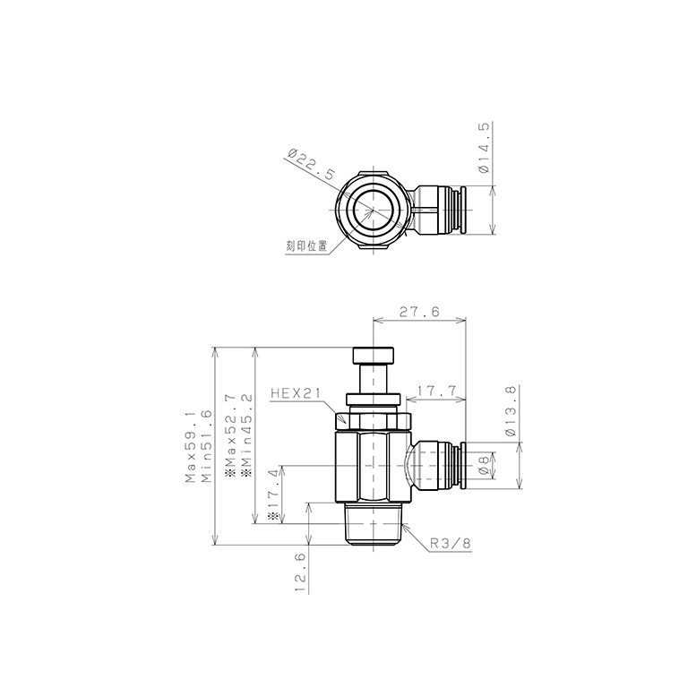Bản vẽ kỹ thuật Van Tiết Lưu Khí Nén Bằng Đồng Mạ Niken Pisco KJSC8-03B-1
