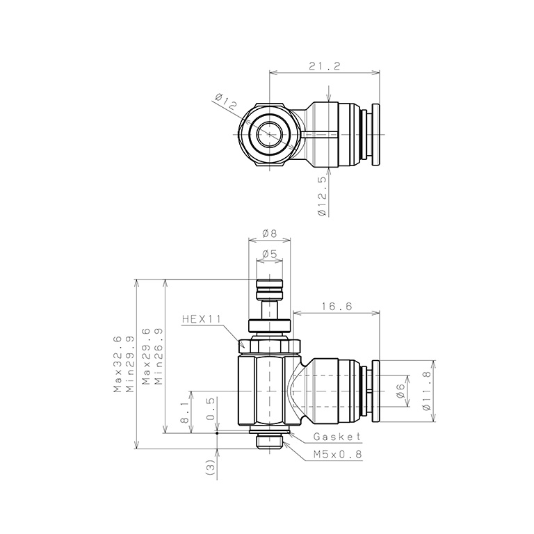 Bản vẽ kỹ thuật Van Tiết Lưu Khí Nén Chân Kim, Đồng Mạ Niken Pisco KJNC6-M5-1-F