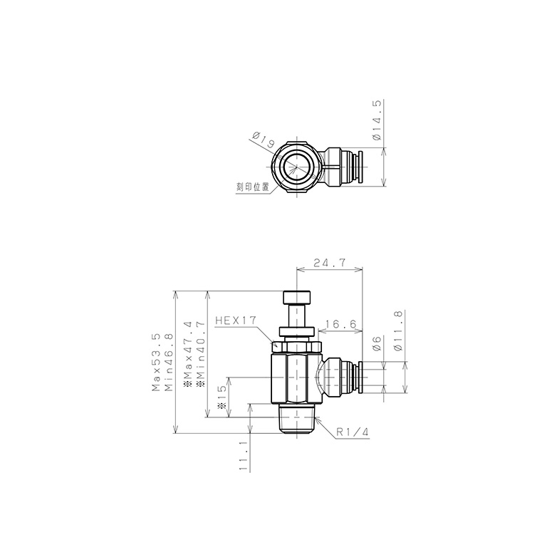 Bản vẽ kỹ thuật Van Tiết Lưu Khí Nén Bằng Đồng Mạ Niken Pisco KJSC6-02A-1-F