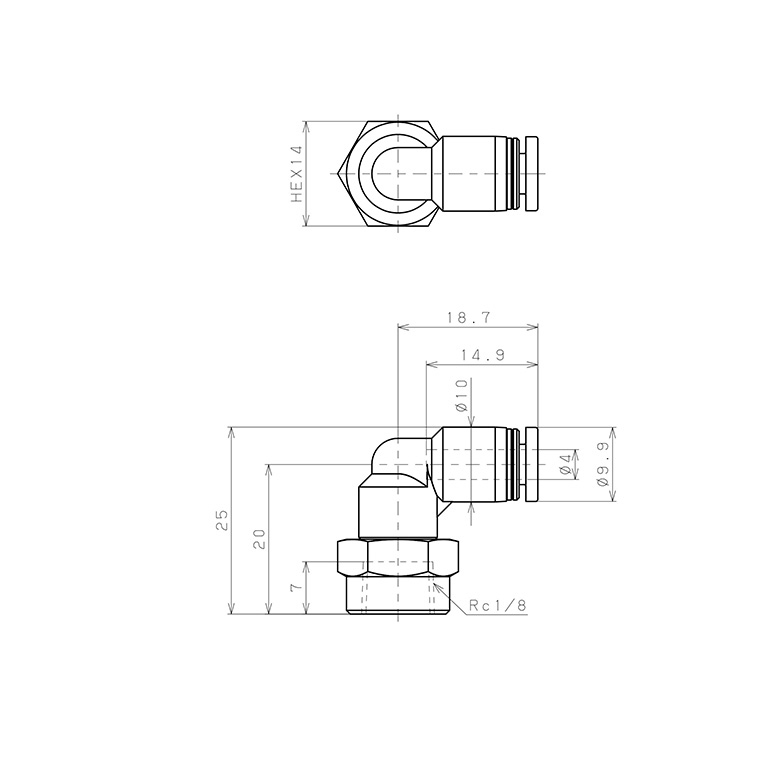 Bản vẽ kỹ thuật Đầu Nối Nhanh Khí Nén Dạng Cong 90° Ren Trong Pisco PLF4-01-C