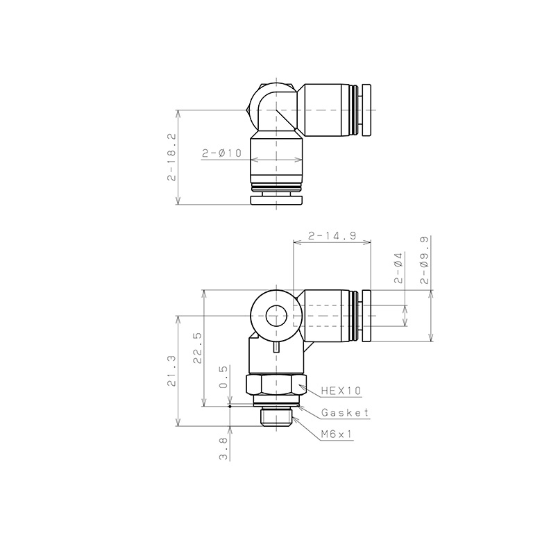 Bản vẽ kỹ thuật Đầu Nối Nhanh Khí Nén Hai Nhánh Chạc Ba Cong 90° Ren Ngoài Pisco PVX4-M6