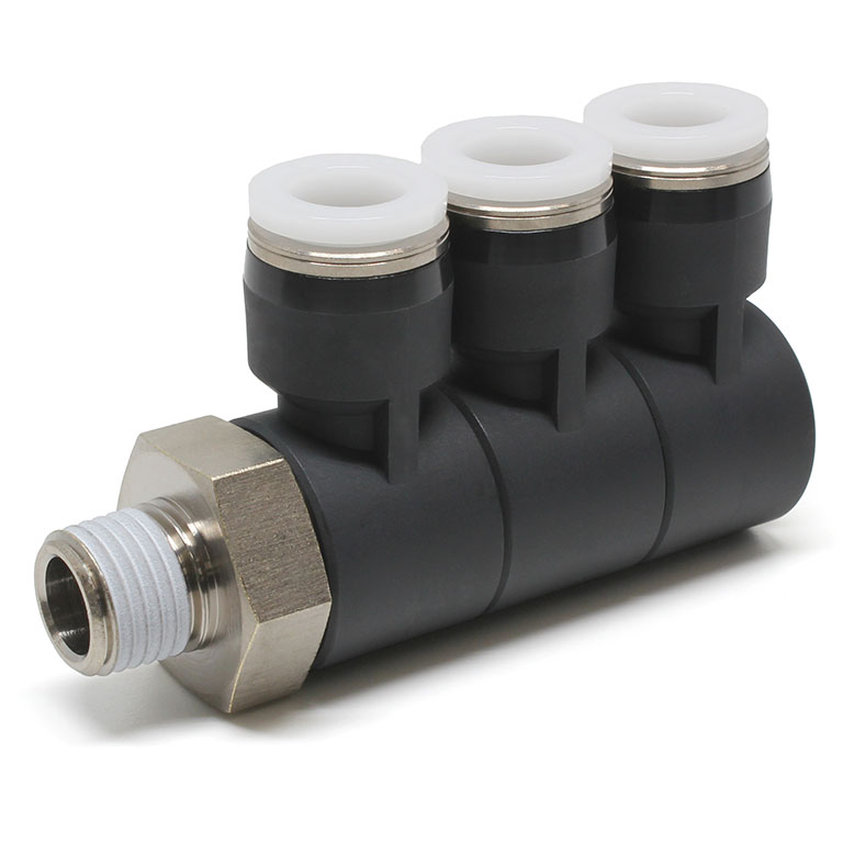 Đầu Nối Nhanh Khí Nén Ba Nhánh Cong 90° Thân Lục Giác Trụ Ren Ngoài Pisco PHT3/8-02