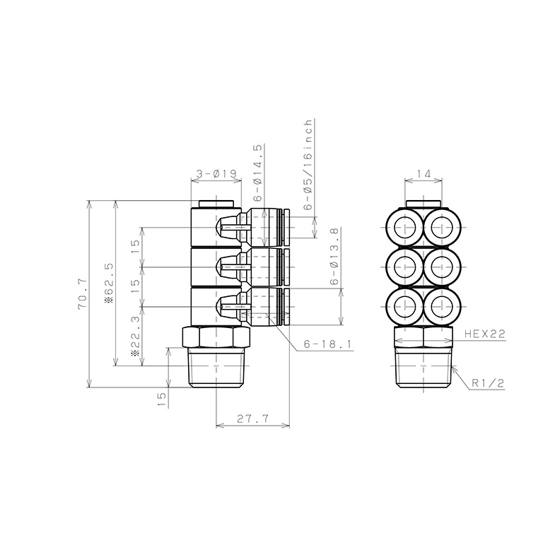 Bản vẽ kỹ thuật Đầu Nối Nhanh Khí Nén Sáu Nhánh Cong 90° Thân Lục Giác Trụ Ren Ngoài Pisco PAT5/16-04
