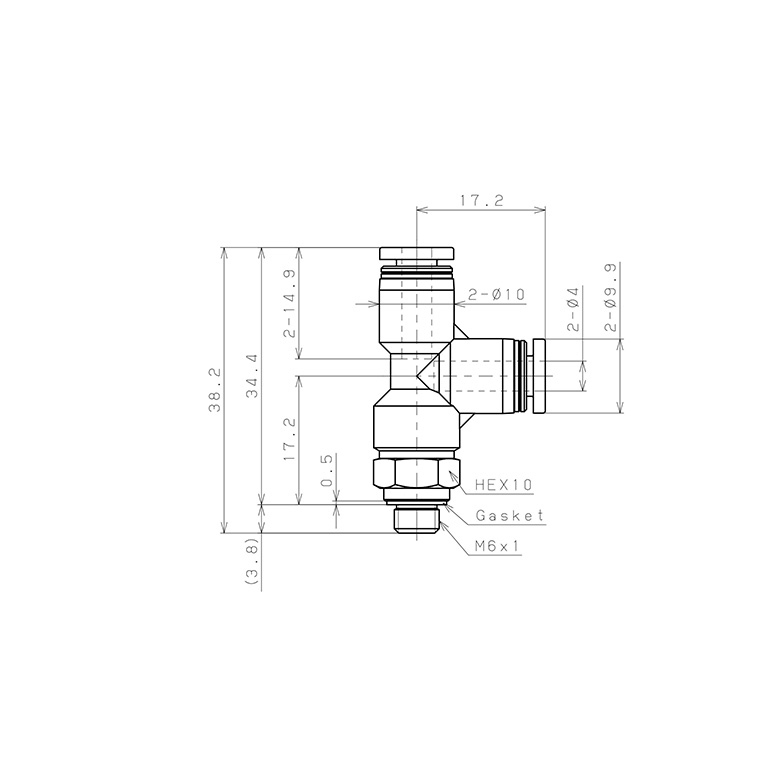 Bản vẽ kỹ thuật Đầu Nối Nhanh Khí Nén Dạng Chữ T Ren Ngoài Pisco PD4-M6-C