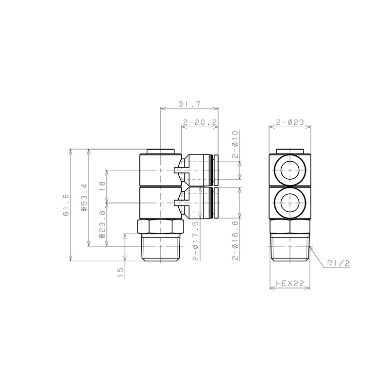 Bản vẽ kỹ thuật Đầu Nối Nhanh Khí Nén Hai Nhánh Cong 90° Thân Lục Giác Trụ Ren Ngoài Pisco PHW10-04-C