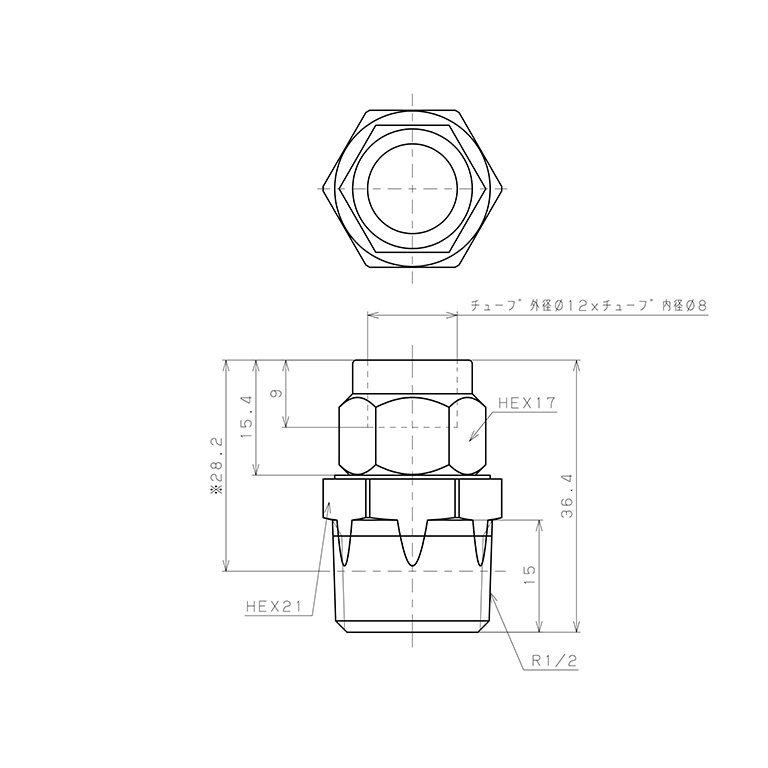 Bản vẽ kỹ thuật Đầu Ngạnh Nối Ống Có Đai Ốc Xiết Dạng Thẳng Thân Lục Giác Ren Ngoài Pisco NKC1280-04