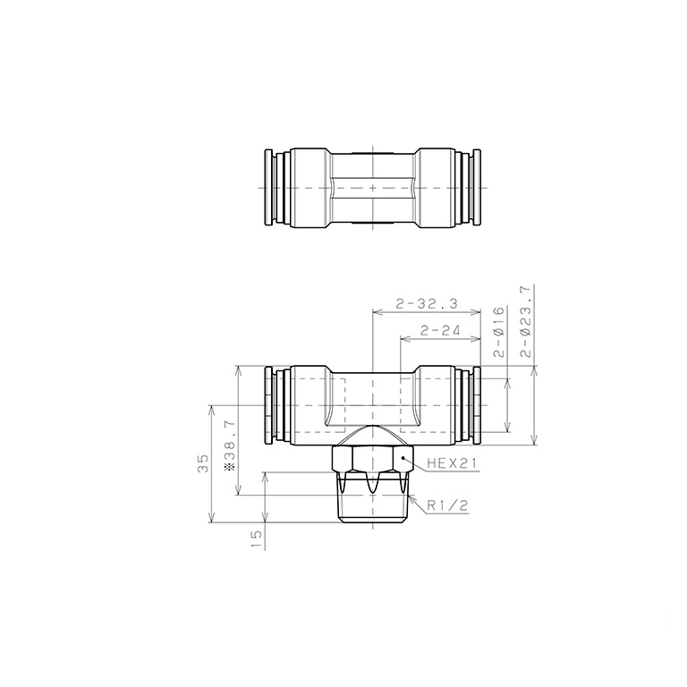 Bản vẽ kỹ thuật Đầu Nối Nhanh Khí Nén Dạng Chữ T Ren Ngoài Pisco SSPB16-04