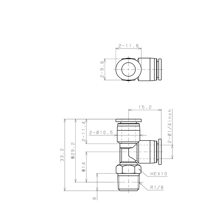 Bản vẽ kỹ thuật Đầu Nối Nhanh Khí Nén Dạng Chữ T Ren Ngoài Pisco PD1/4-01M