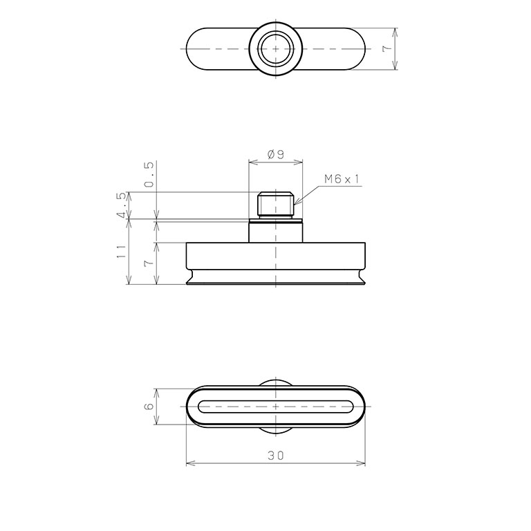 Bản vẽ kỹ thuật Bộ Nấm Hút Chân Không Hình Oval Bầu Dục Có Vít Ren, Nitrile,  O.D 6x30 mm, Pisco VP6x30EN-M6