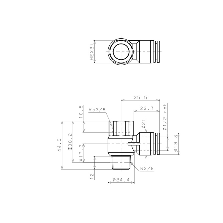 Bản vẽ kỹ thuật Đầu Nối Nhanh Khí Nén Cong 90° Đầu Lục Giác Trụ Ren Đực Cái Pisco PHF1/2-03