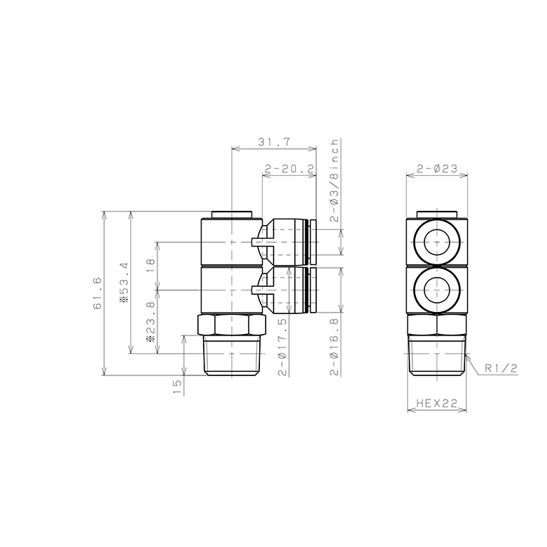 Bản vẽ kỹ thuật Đầu Nối Nhanh Khí Nén Hai Nhánh Cong 90° Thân Lục Giác Trụ Ren Ngoài Pisco PHW3/8-04
