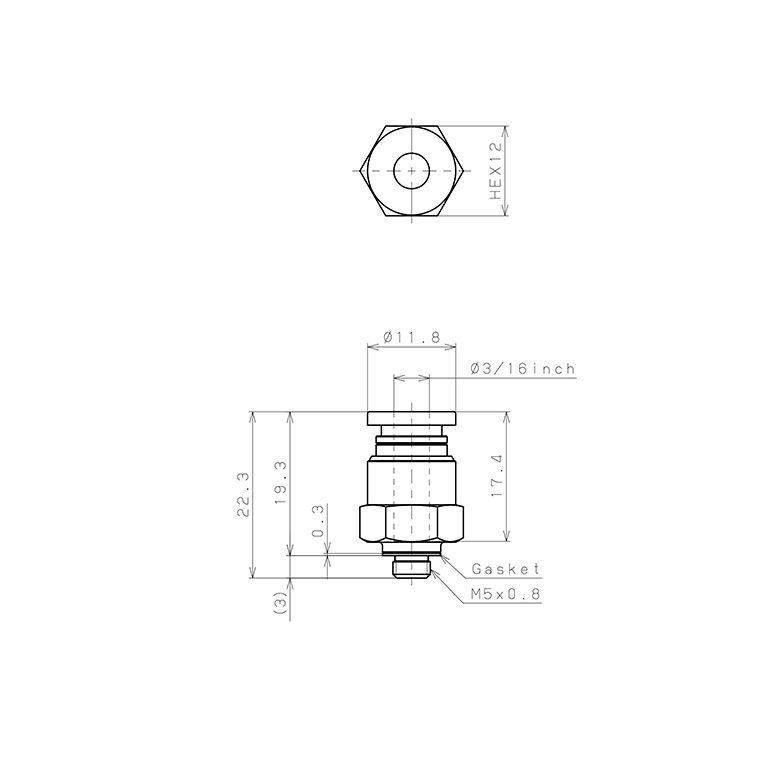 Bản vẽ kỹ thuật Đầu Nối Nhanh Khí Nén Dạng Thẳng Thân Lục Giác Ren Ngoài Pisco PC3/16-M5-C