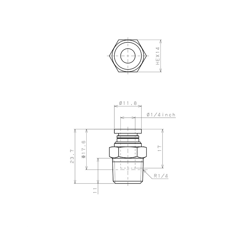 Bản vẽ kỹ thuật Đầu Nối Nhanh Khí Nén Dạng Thẳng Thân Lục Giác Ren Ngoài Pisco PC1/4-02-UC