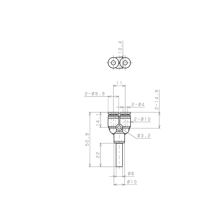 Bản vẽ kỹ thuật Đầu Nối Nhanh Khí Nén Giữa Ống Khí Và Fitting Dạng Nối Giảm Chữ Y Pisco SPWJ6-4