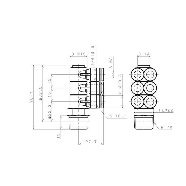 Bản vẽ kỹ thuật Đầu Nối Nhanh Khí Nén Sáu Nhánh Cong 90° Thân Lục Giác Trụ Ren Ngoài Pisco SPAT8-04