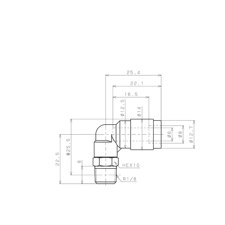 Bản vẽ kỹ thuật Đầu Nối Nhanh Khí Nén Dạng Cong 90° Ren Ngoài Pisco PL6-01V-0