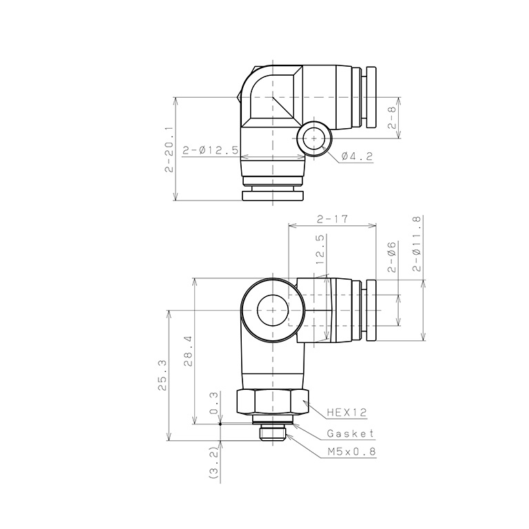 Bản vẽ kỹ thuật Đầu Nối Nhanh Khí Nén Hai Nhánh Chạc Ba Cong 90° Ren Ngoài Pisco SPVX6-M5