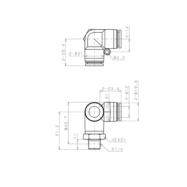 Bản vẽ kỹ thuật Đầu Nối Nhanh Khí Nén Hai Nhánh Chạc Ba Cong 90° Ren Ngoài Pisco SPVX12-02