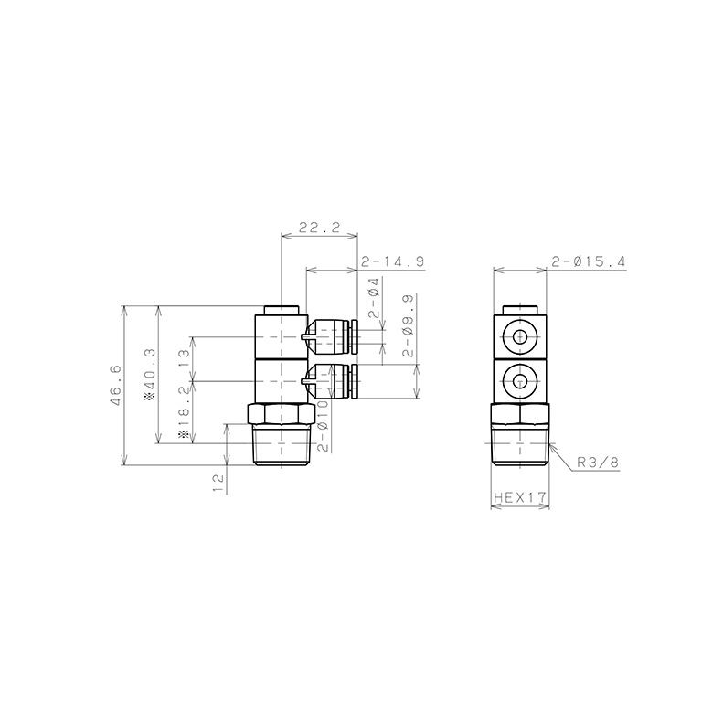 Bản vẽ kỹ thuật Đầu Nối Nhanh Khí Nén Hai Nhánh Cong 90° Thân Lục Giác Trụ Ren Ngoài Pisco SPHW4-03