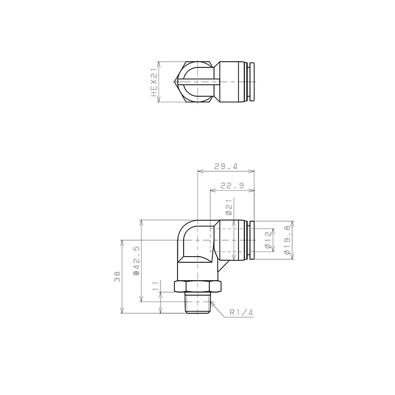 Bản vẽ kỹ thuật Đầu Nối Nhanh Khí Nén Dạng Cong 90° Ren Ngoài Pisco SPL12-02-UC