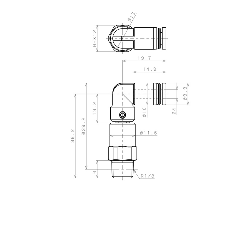 Bản vẽ kỹ thuật Đầu Nối Nhanh Khí Nén Dạng Cong 90° Ren Ngoài Có Khớp Xoay Tốc Độ Cao Pisco RHL4-01