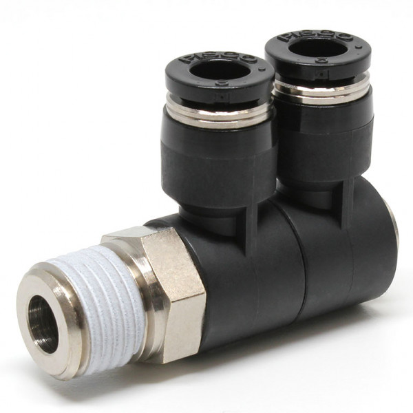 Đầu Nối Nhanh Khí Nén Hai Nhánh Cong 90° Thân Lục Giác Trụ Ren Ngoài Pisco PHW6-02W-C