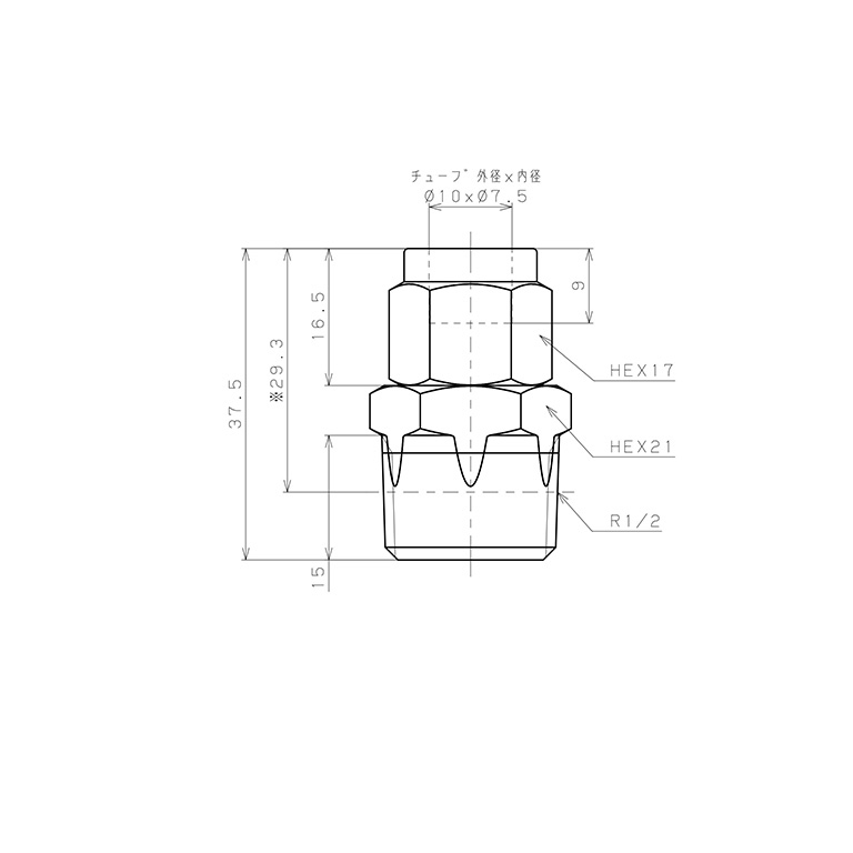 Bản vẽ kỹ thuật Đầu Ngạnh Nối Ống Có Đai Ốc Xiết Dạng Thẳng Thân Lục Giác Ren Ngoài Pisco NSC1075-04-TP