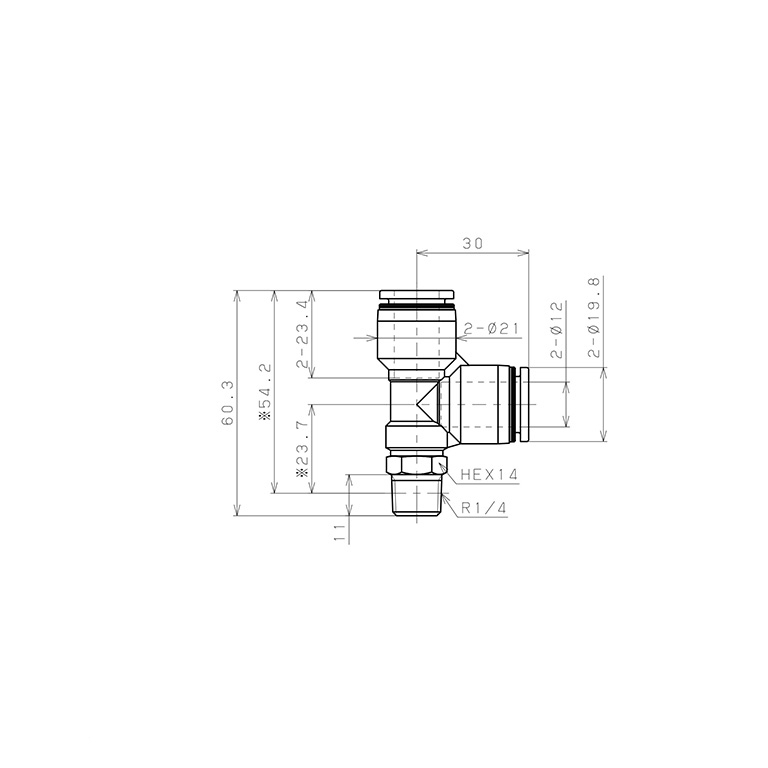 Bản vẽ kỹ thuật Đầu Nối Nhanh Khí Nén Dạng Chữ T Ren Ngoài Pisco PD12-02
