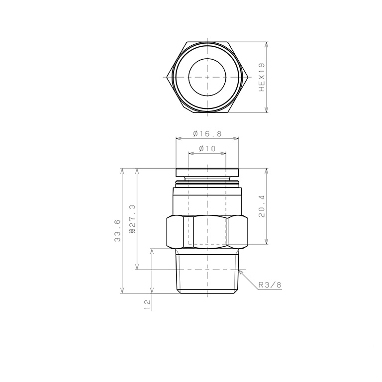 Bản vẽ kỹ thuật Đầu Nối Nhanh Khí Nén Dạng Thẳng Thân Lục Giác Ren Ngoài Pisco PPC10-03-C