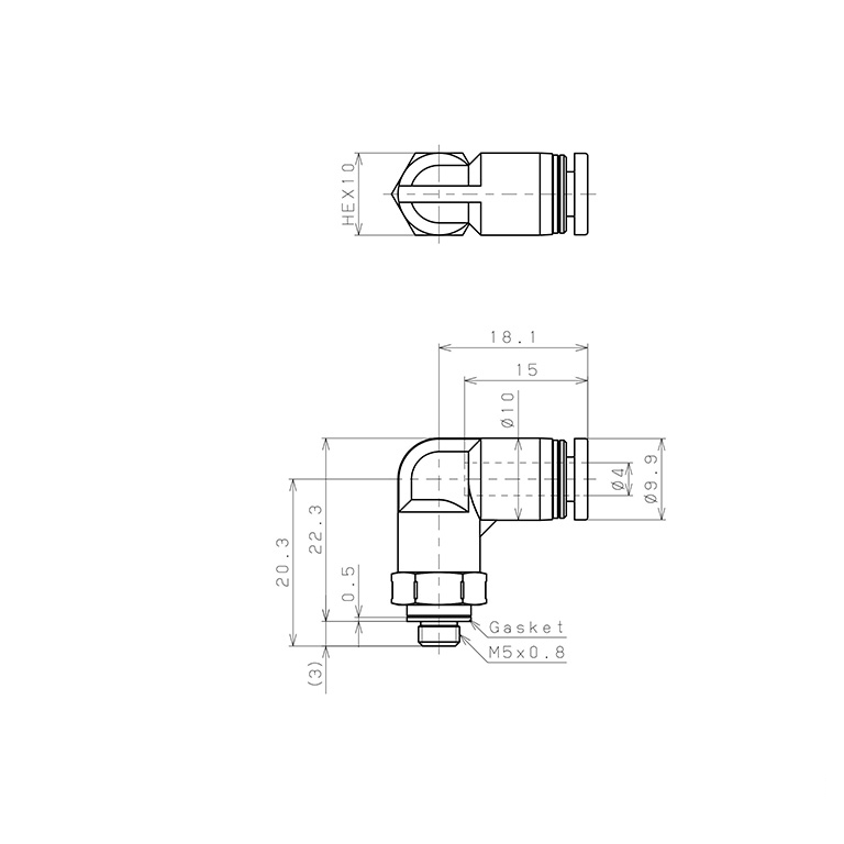 Bản vẽ kỹ thuật Đầu Nối Nhanh Khí Nén Dạng Cong 90° Ren Ngoài Pisco PPL4-M5SUS-HN
