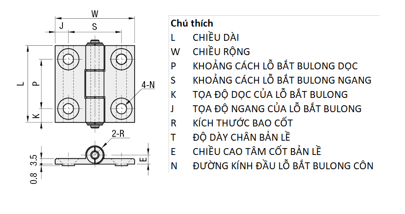 Bản vẽ kỹ thuật Bản Lề Lá Nhôm Định Hình Nhôm Hợp Kim Mạ Anodized Trắng (HHPSDT5) L 47 mm