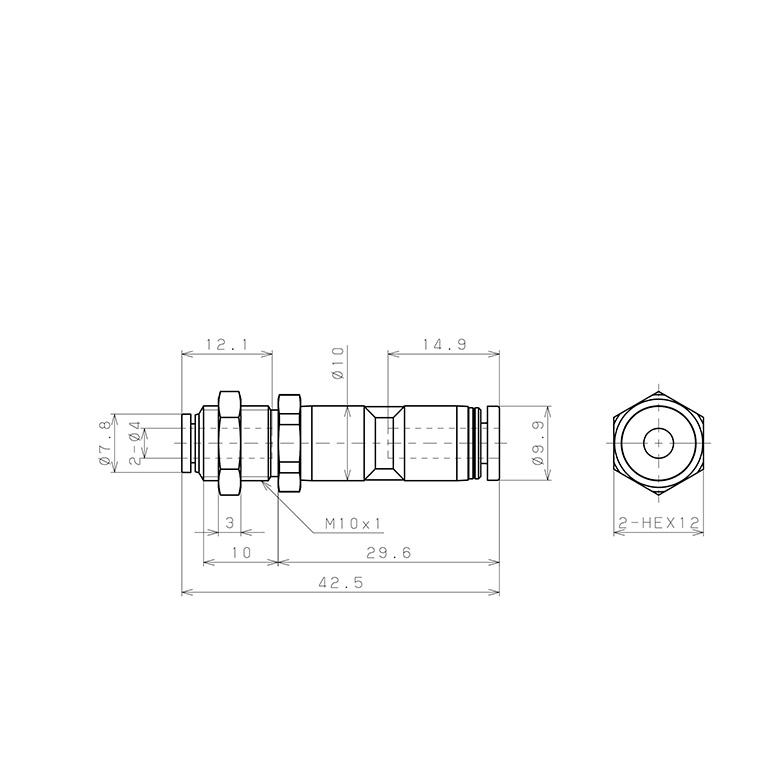 Bản vẽ kỹ thuật Đầu Nối Nhanh Khí Nén Dạng Thẳng Lắp Kẹp Vách Có Van Tự Ngắt Pisco PSM4M-4