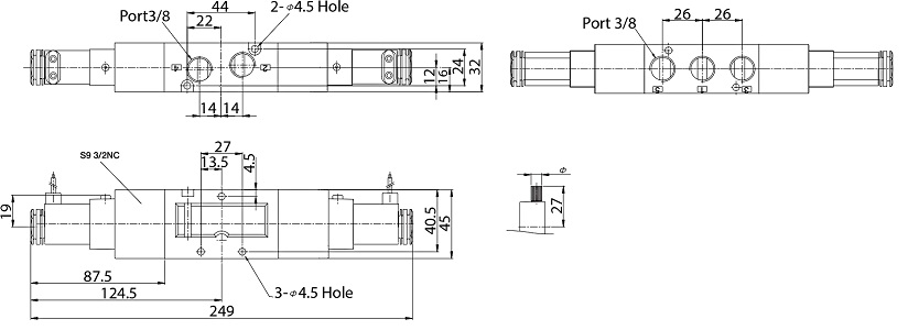 Bản vẽ kỹ thuật Van Điện Từ Khí Nén Solenoid 5/3 2 Coil Parker Size PT3/8 PHS-530C-03-220V