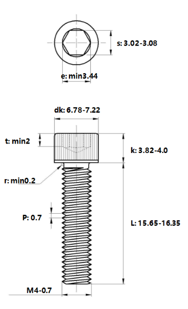 Bản vẽ kỹ thuật Lục Giác Chìm Đầu Trụ Thép Đen 12.9 DIN912 M4x16