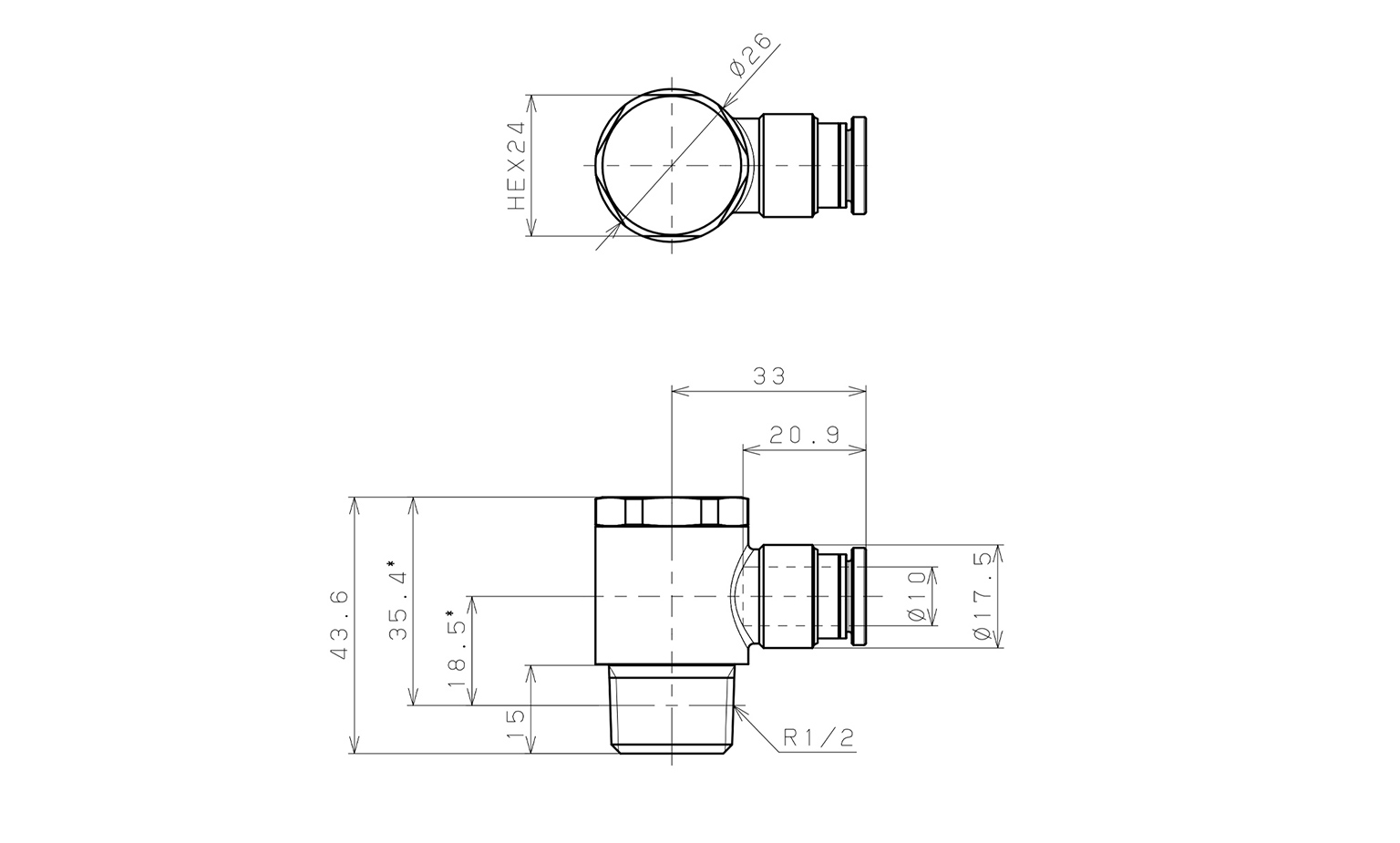 Bản vẽ kỹ thuật Đầu Nối Nhanh Khí Nén Cong 90° Đầu Lục Giác Trụ Ren Ngoài Pisco KH10-04-1-F