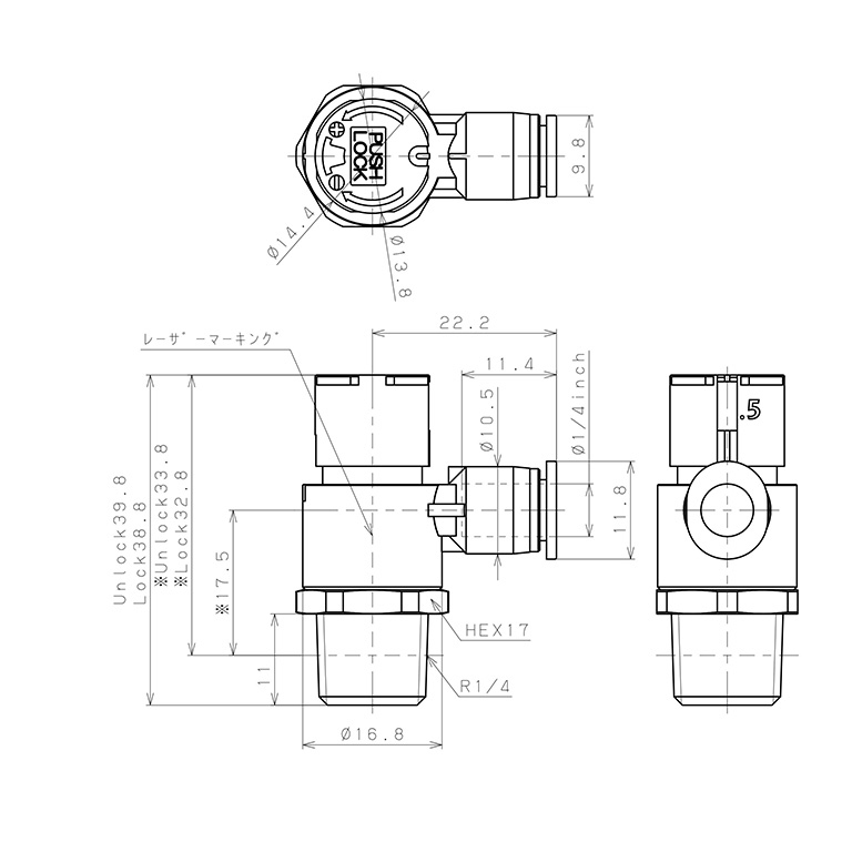 Bản vẽ kỹ thuật Van Tiết Lưu Khí Nén Loại Khóa Đẩy Có Hiển Thị Chỉ Số Pisco JSGC1/4-02ALW