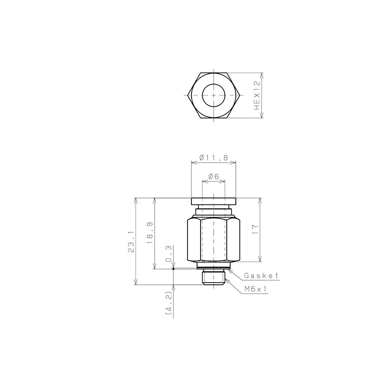 Bản vẽ kỹ thuật Đầu Nối Nhanh Khí Nén Dạng Thẳng Thân Lục Giác Ren Ngoài Pisco SPC6-M6