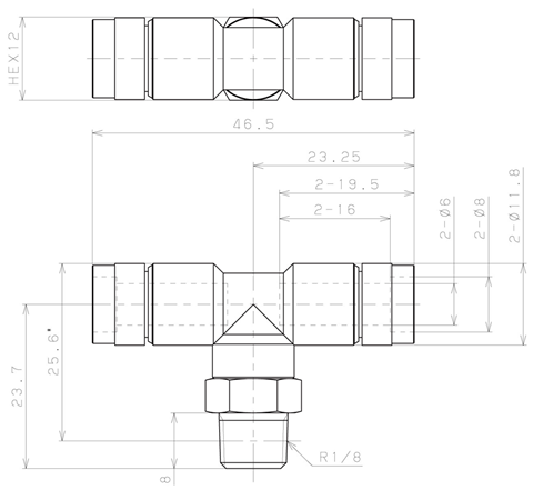 Bản vẽ kỹ thuật Đầu Nối Nhanh Khí Nén Dạng Chữ T Ren Ngoài Pisco KB6-01-F