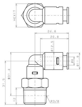 Bản vẽ kỹ thuật Đầu Nối Nhanh Khí Nén Dạng Cong 90° Ren Ngoài Pisco APL6-03
