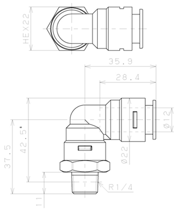 Bản vẽ kỹ thuật Đầu Nối Nhanh Khí Nén Dạng Cong 90° Ren Ngoài Pisco APL12-02-E-C