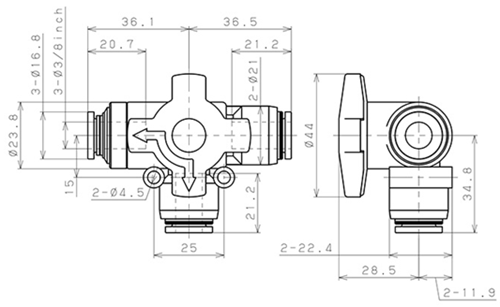 Bản vẽ kỹ thuật Van Chuyển Hướng Khí Nén Ba Ngã Pisco HBV3/8-3/8