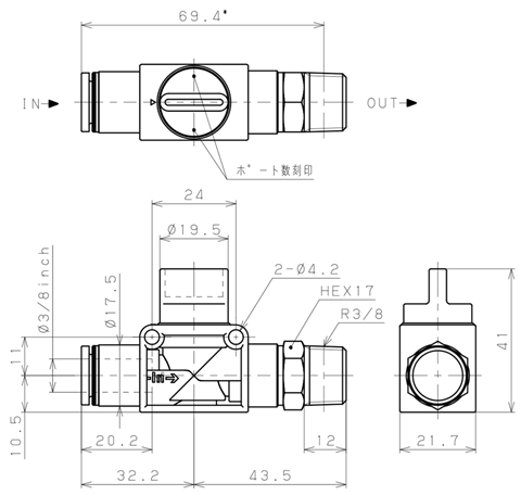 Bản vẽ kỹ thuật Van Tay Khí Nén Pisco HV3/8-03