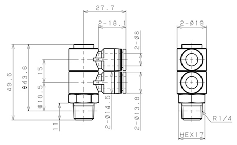 Bản vẽ kỹ thuật Đầu Nối Nhanh Khí Nén Hai Nhánh Cong 90° Thân Lục Giác Trụ Ren Ngoài Pisco PHW8-02