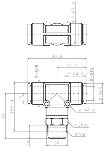 Bản vẽ kỹ thuật Đầu Nối Nhanh Khí Nén Chữ T Phi 16mm Ren Ngoài R1/2 Pisco PB16-04