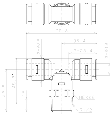 Bản vẽ kỹ thuật Đầu Nối Nhanh Khí Nén Dạng Chữ T Ren Ngoài Pisco APB12-04-N-C